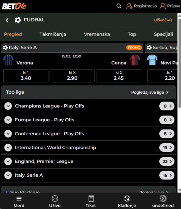 BetOle mobilna verzija