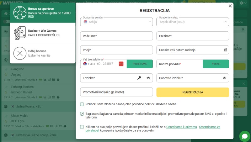 Betwinner registracija